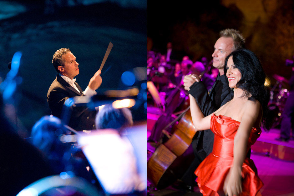 The Tribute to Pavarotti, Petra - Eugene Kohn, Sting and Angela Gheorghiu during the show. Photo naphtalina.com